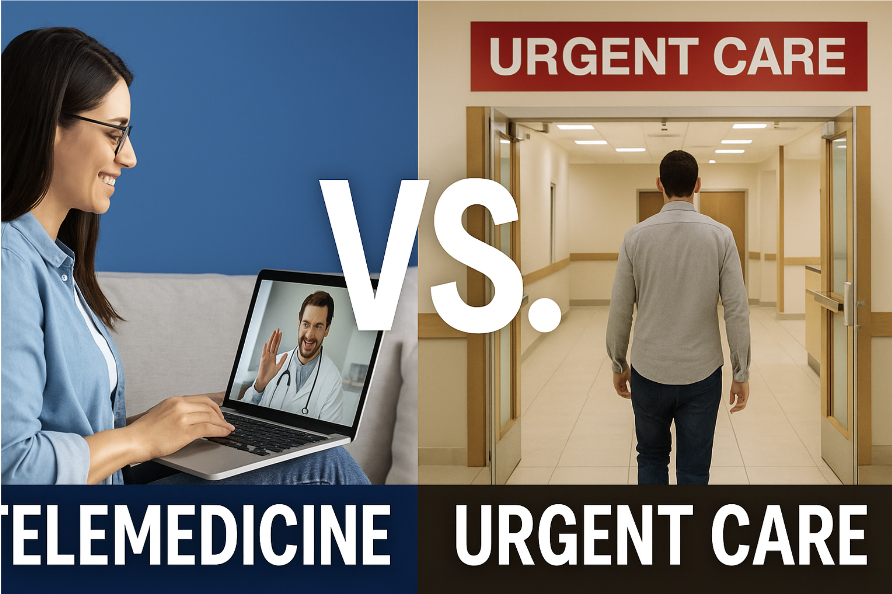 Split screen showing telemedicine visit on one side and urgent care clinic on the other